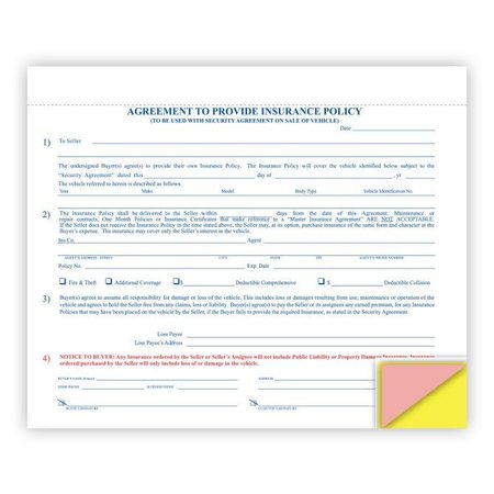 CAR DEALER DEPOT Agreement To Furnish InsurancePolicy, 8 1/2" X 7"- 4 Part, 100 Per Pk Pk 4810